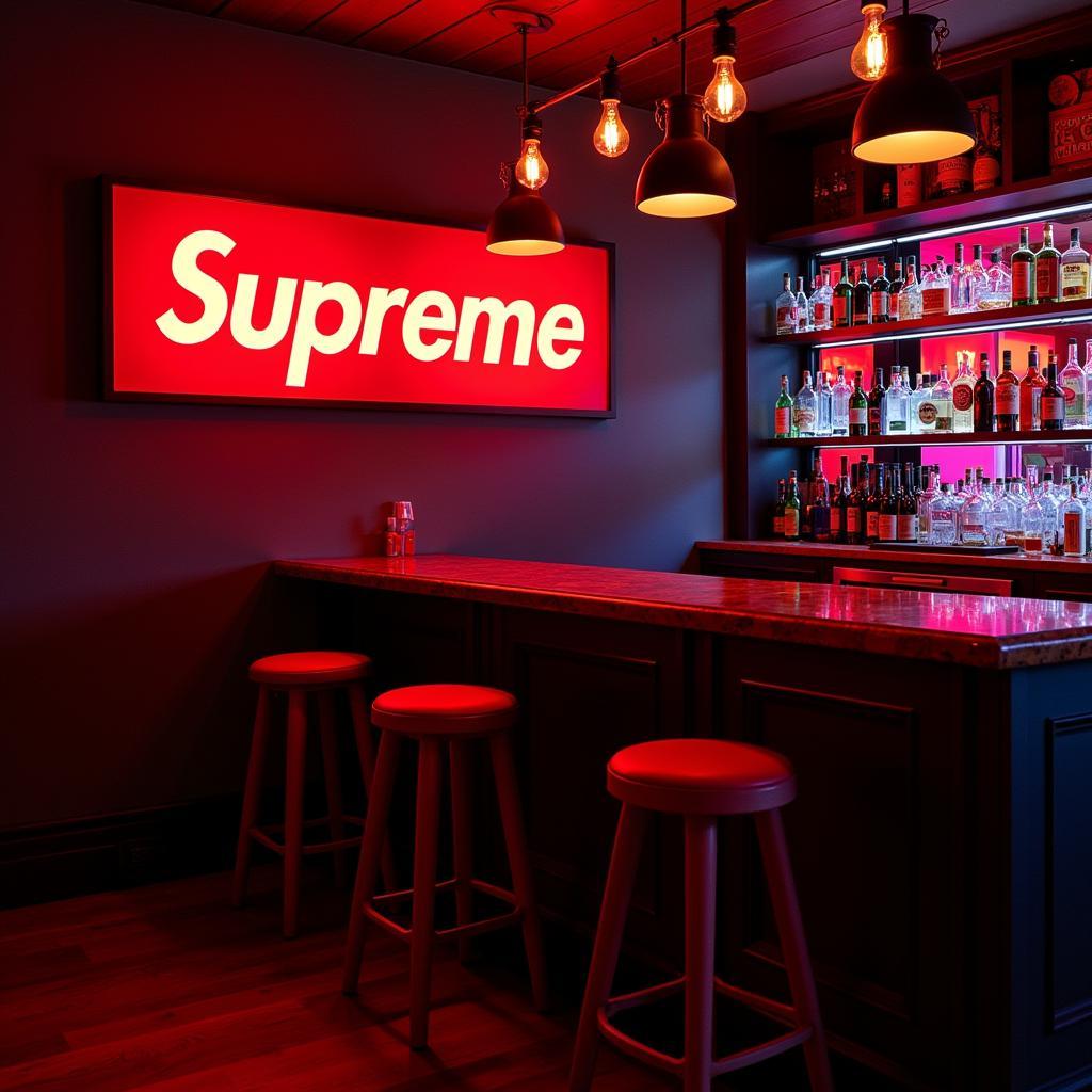 Neon Supreme Sign in Home Bar Setup