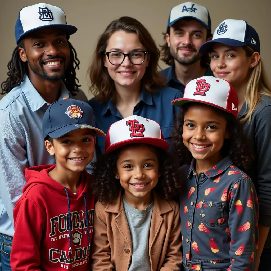 A group of friends wearing different New Era hats, smiling and enjoying themselves.