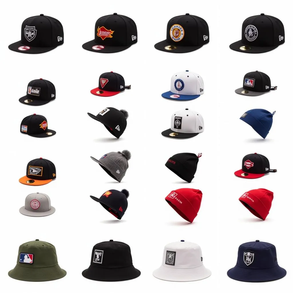 A diverse collection of New Era hats in various colors and styles.