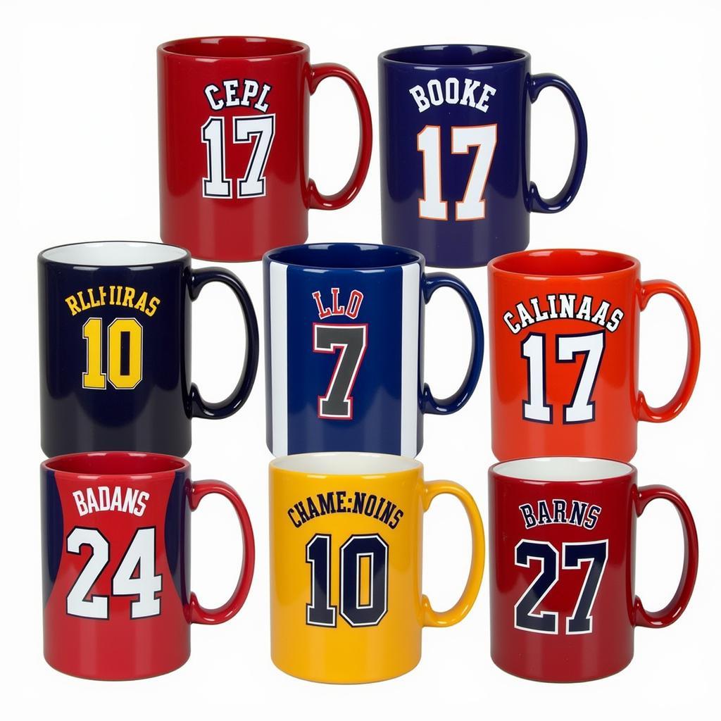 A collection of new jersey mugs featuring different team colors and designs.