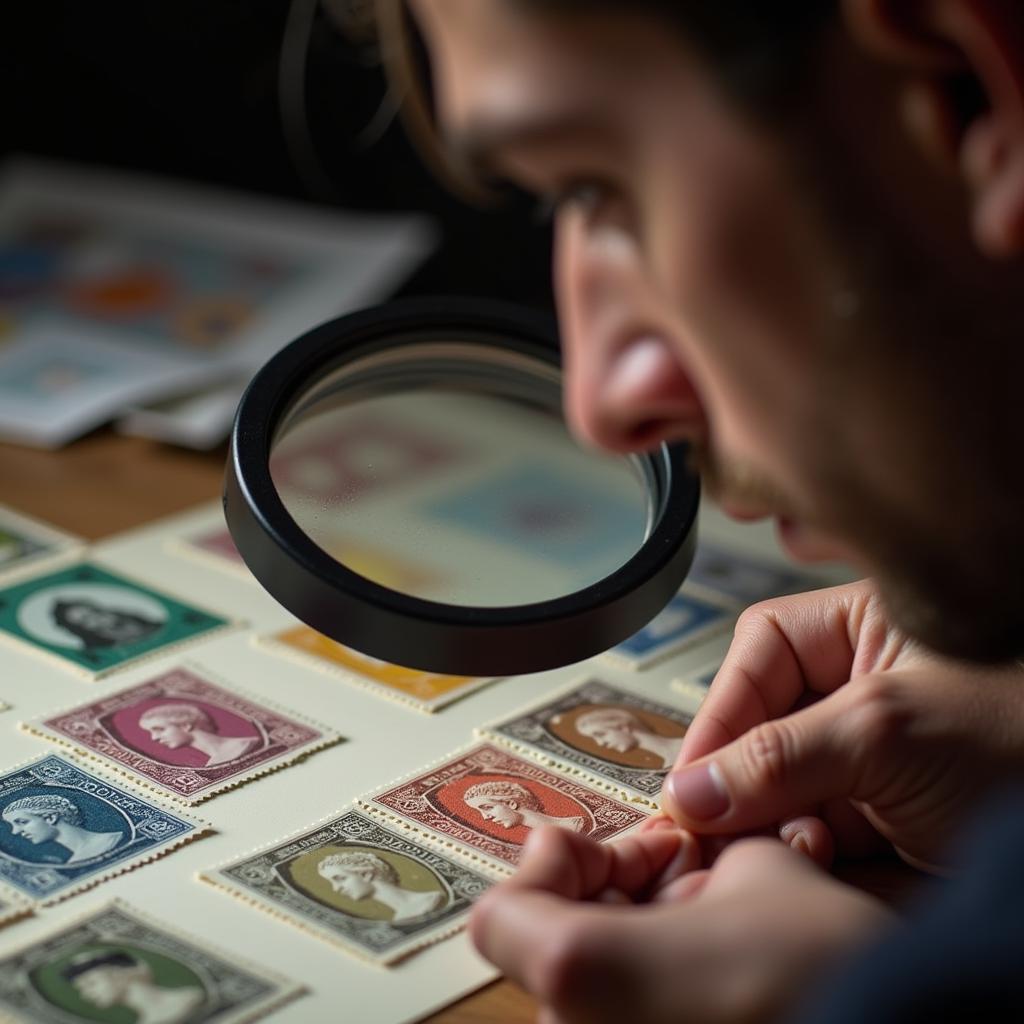 Philatelist examining a newly released stamp