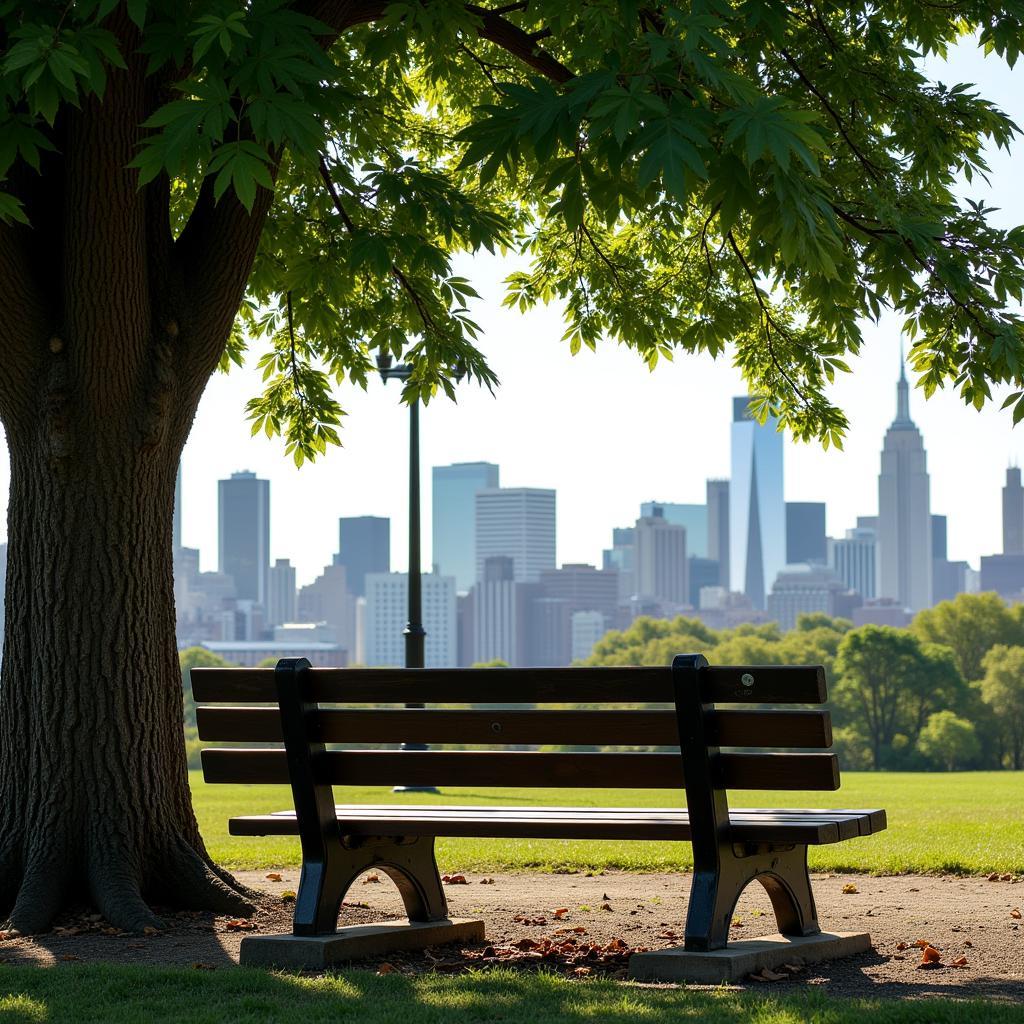 Central Park bench with a view of the city skyline