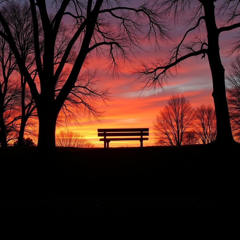 Sunset over Central Park with a silhouette of a bench