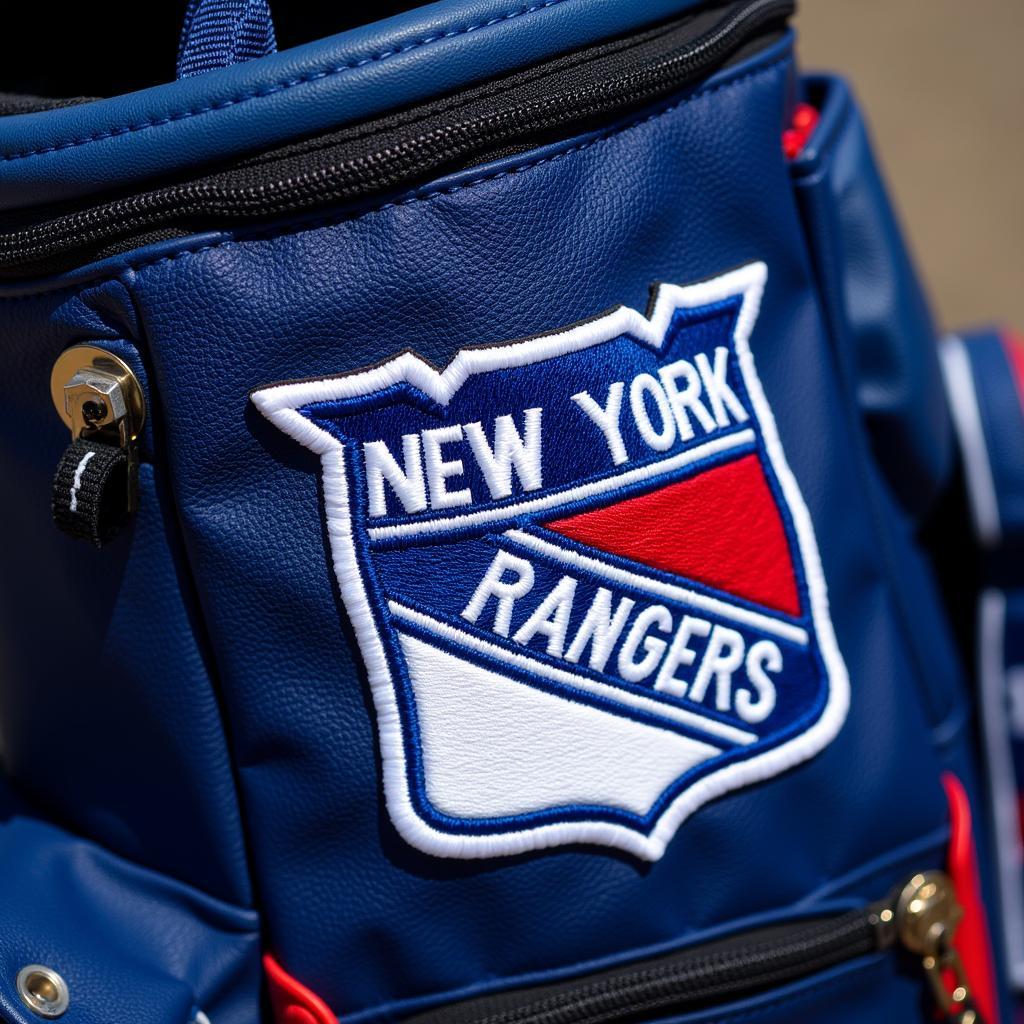 Close-up of the New York Rangers logo on a golf bag