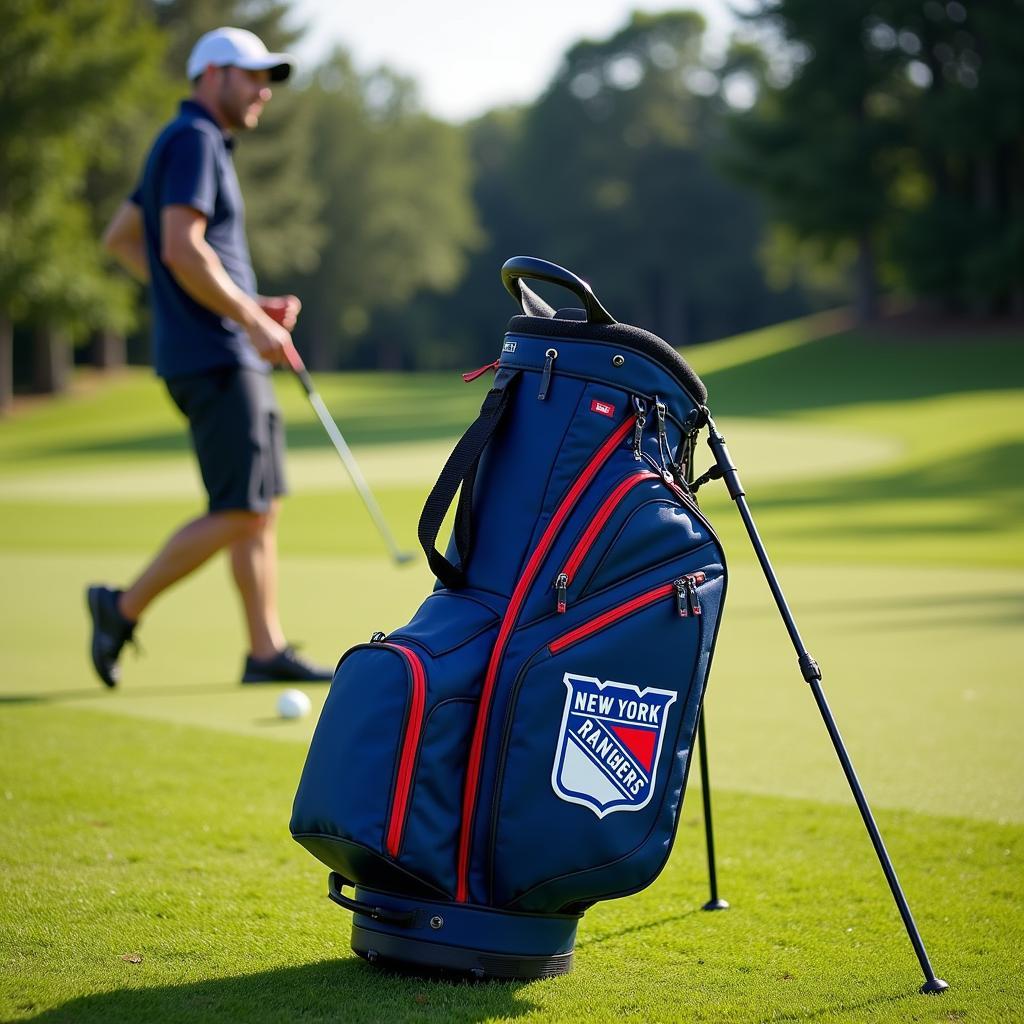 New York Rangers golf bag standing on a golf course with a golfer in the background