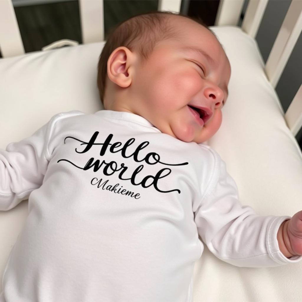 Newborn Baby Wearing a Name Onesie that Says "Hello World"