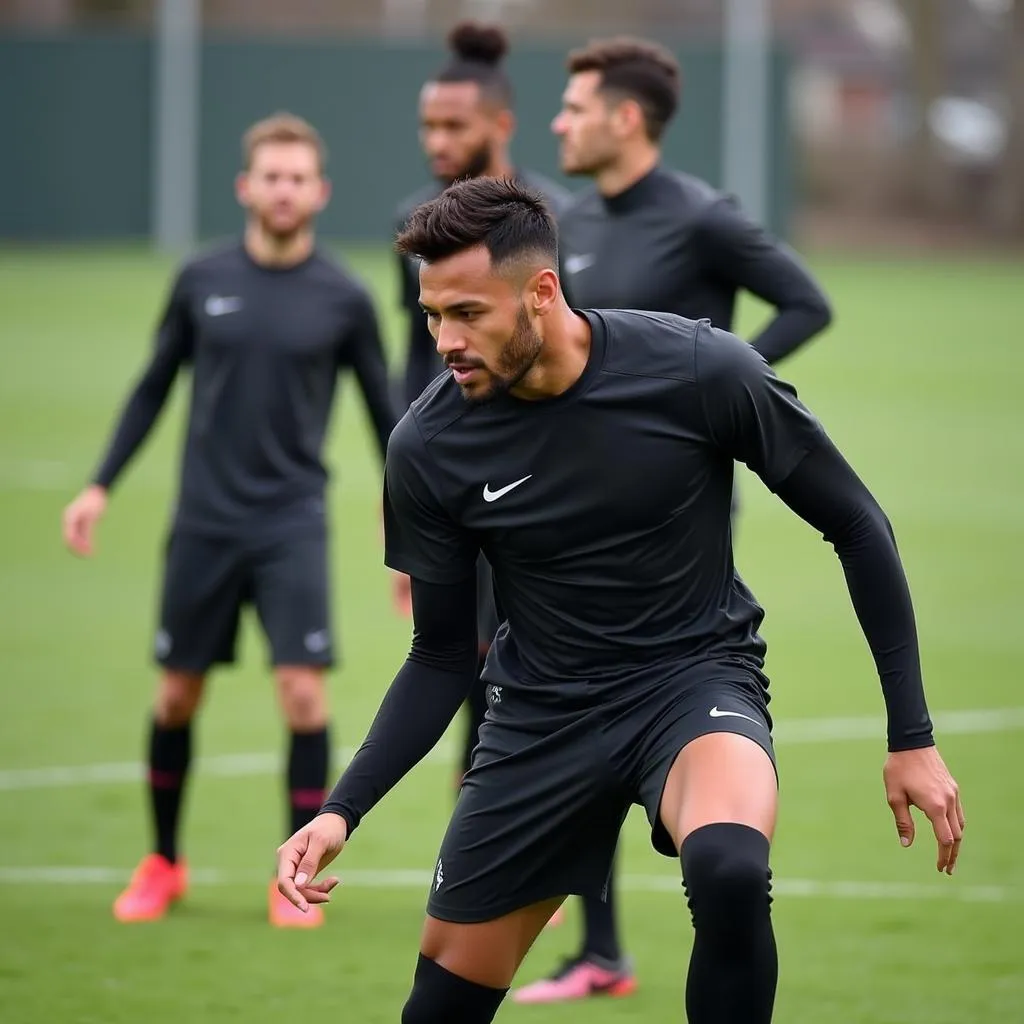 Neymar Jr. wearing a compression sleeve on his thigh during training session