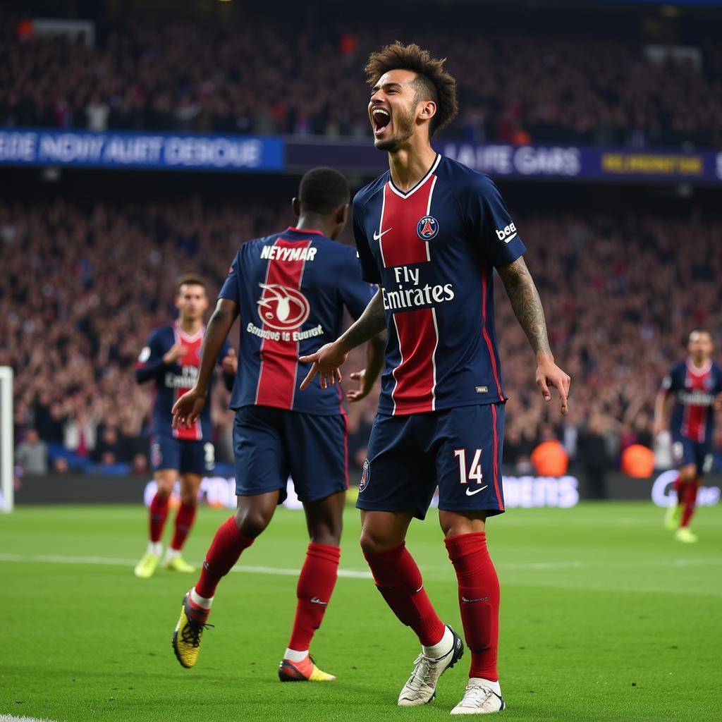 Neymar Jr. celebrating a goal for PSG in front of adoring fans