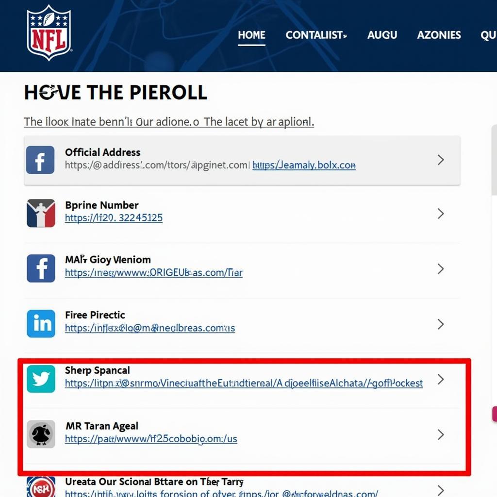 Screenshot of an NFL Team's Contact Page