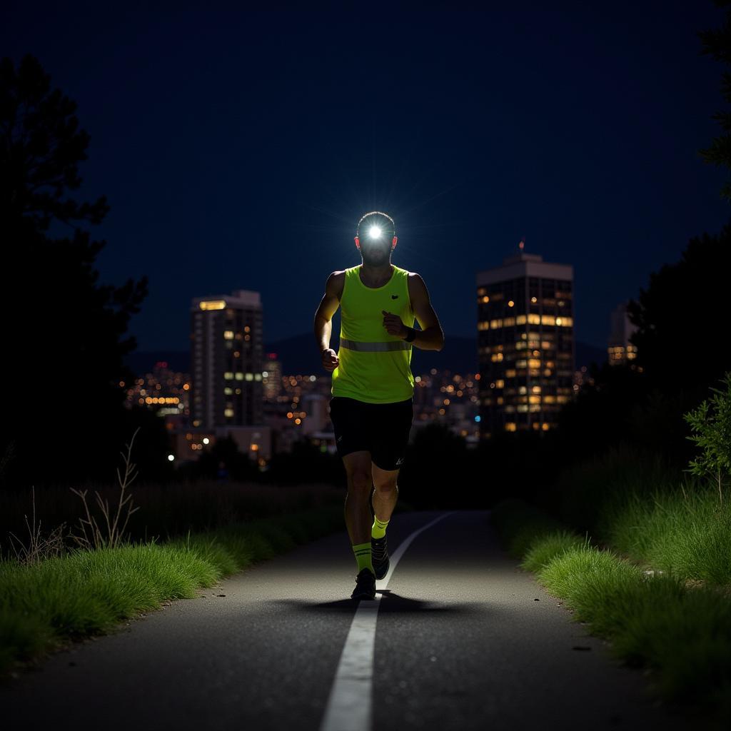 Night runner with headlamp and reflective gear