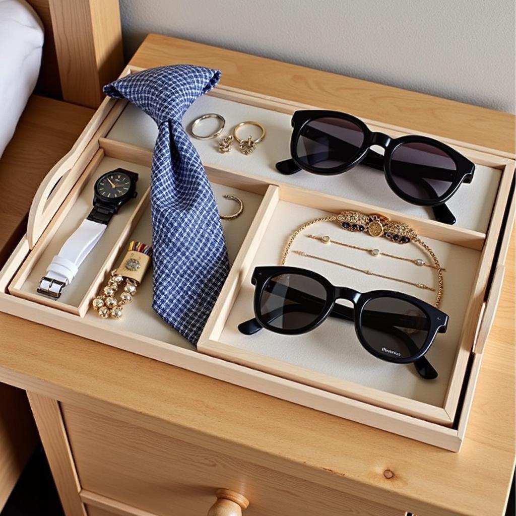 A night stand valet showcasing its versatility as it neatly stores jewelry, a watch, sunglasses, and a tie.