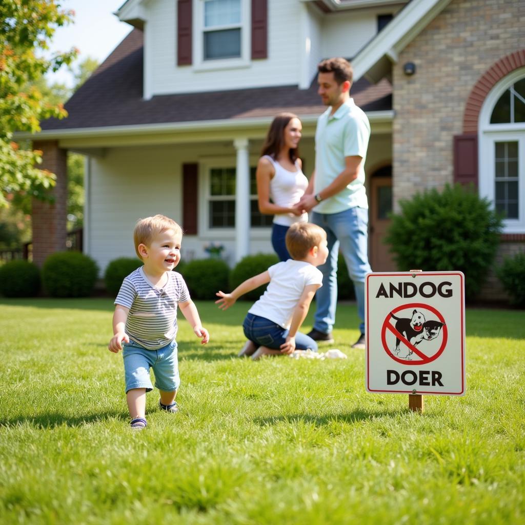 No Dogs on Lawn Sign with Children Playing