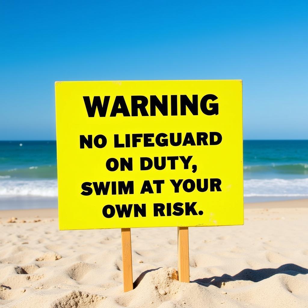 Warning sign with "No Lifeguard on Duty Swim at Your Own Risk" text on a beach