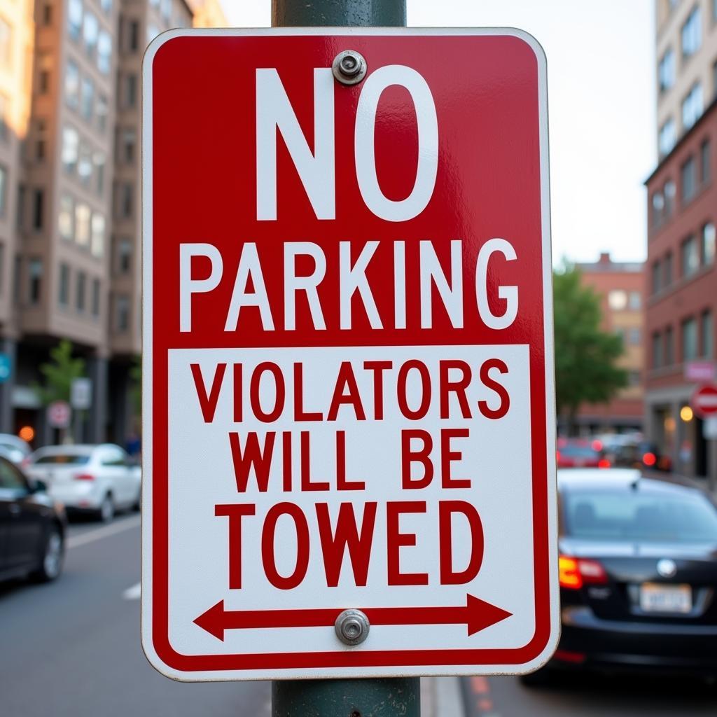 Red and white no parking sign indicating a tow-away zone