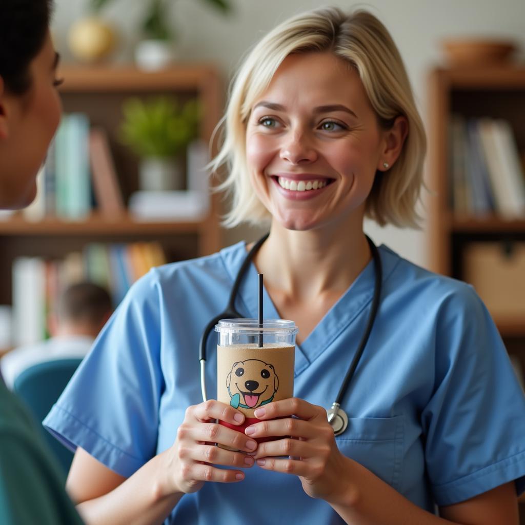  A nurse receiving a personalized tumbler