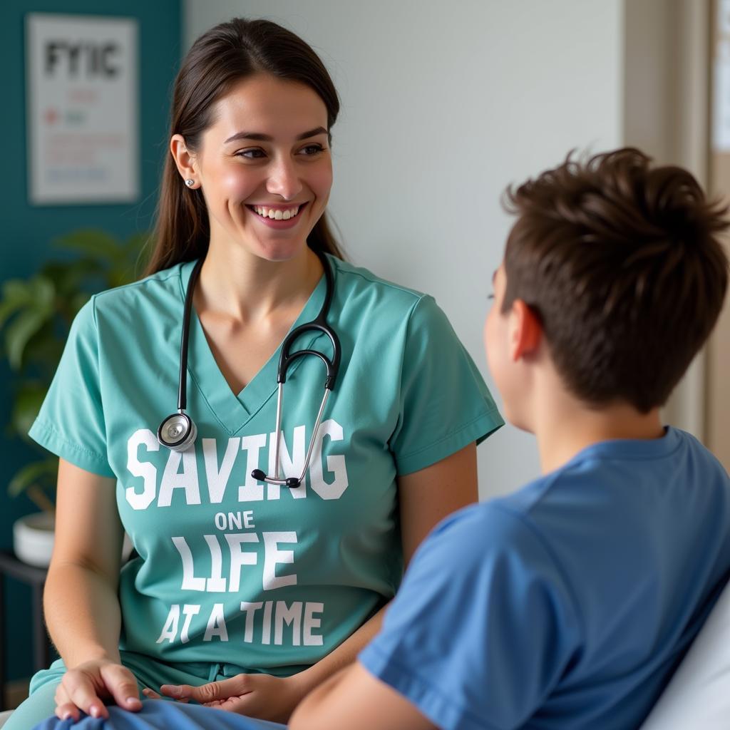 Nurse Wearing a Funny T-shirt with the Slogan "Saving One Life at a Time" while interacting with a patient