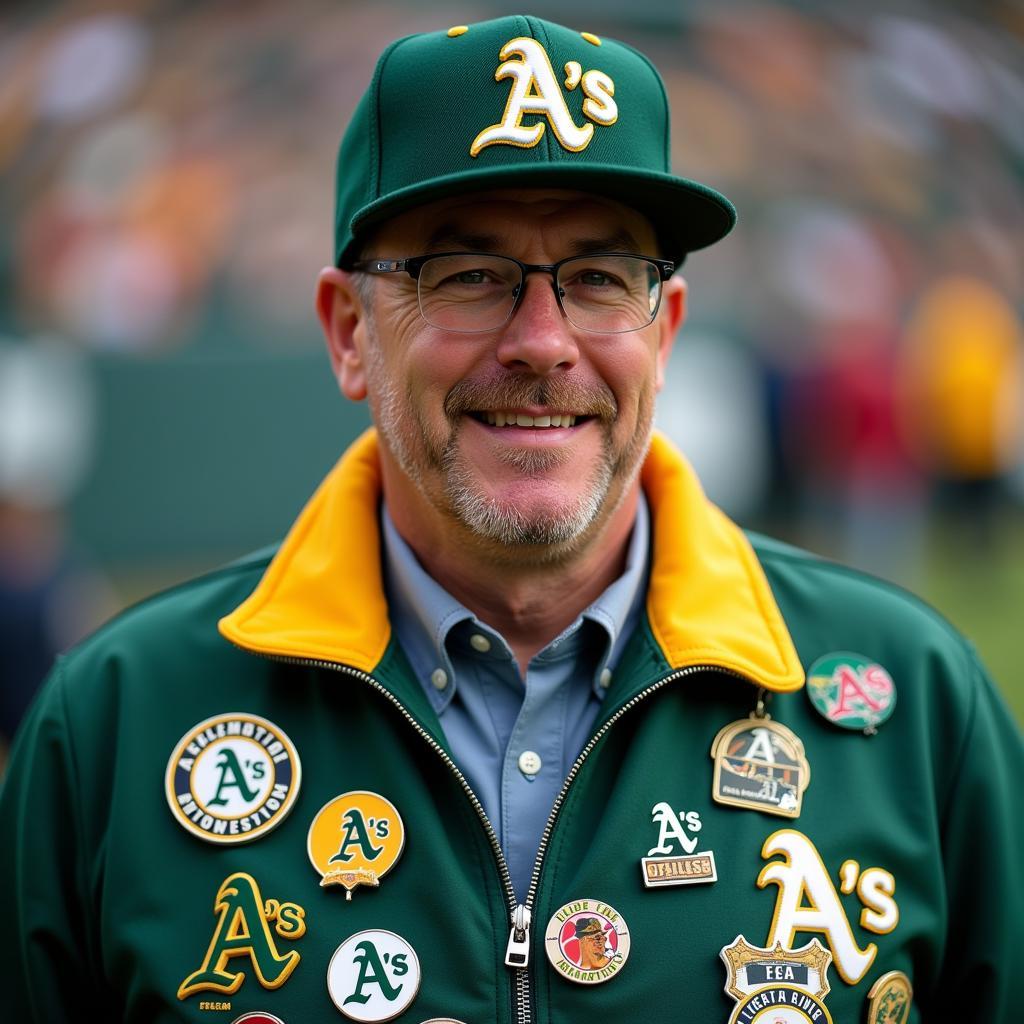 An Oakland Athletics fan proudly displaying their pin collection