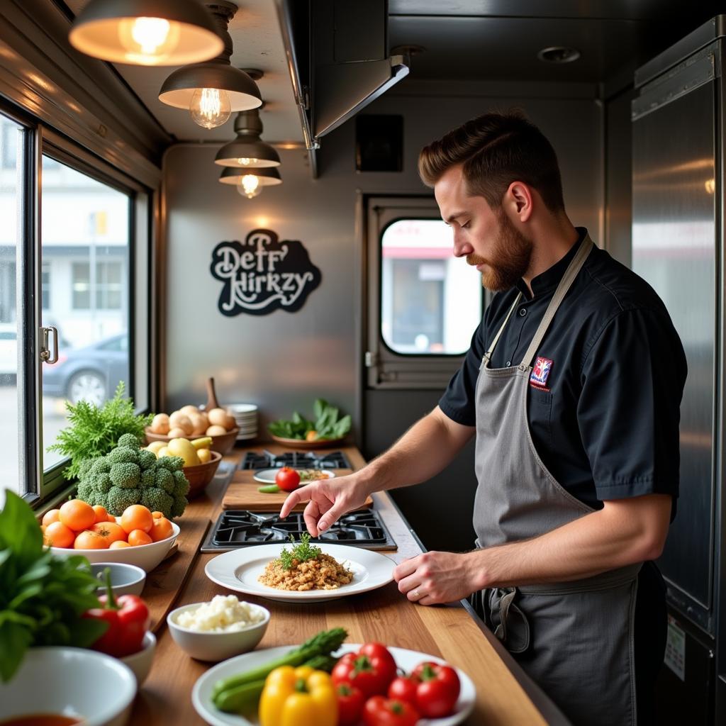 Chef preparing gourmet food in Off the Rails food truck kitchen