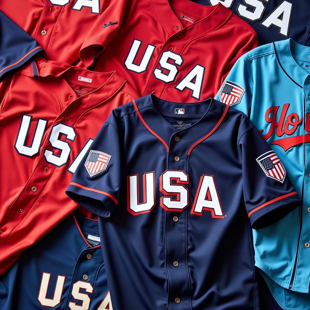 A display of official WBC jerseys, showcasing the different team colors and designs, with a focus on the USA jersey.