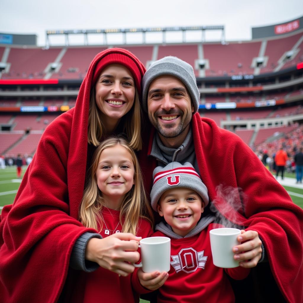 Family Huddled Under Ohio Stadium Blanket