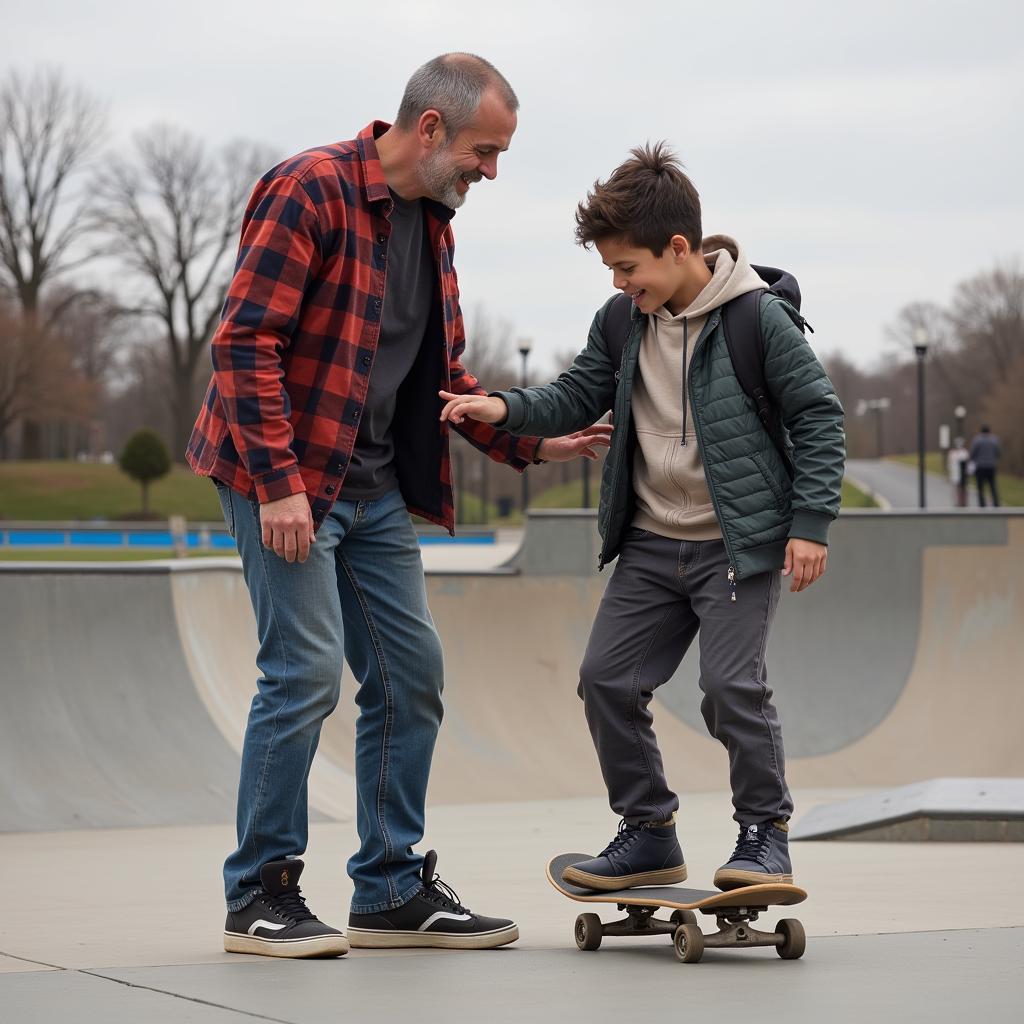 An older skater giving tips to a younger skater at a skatepark