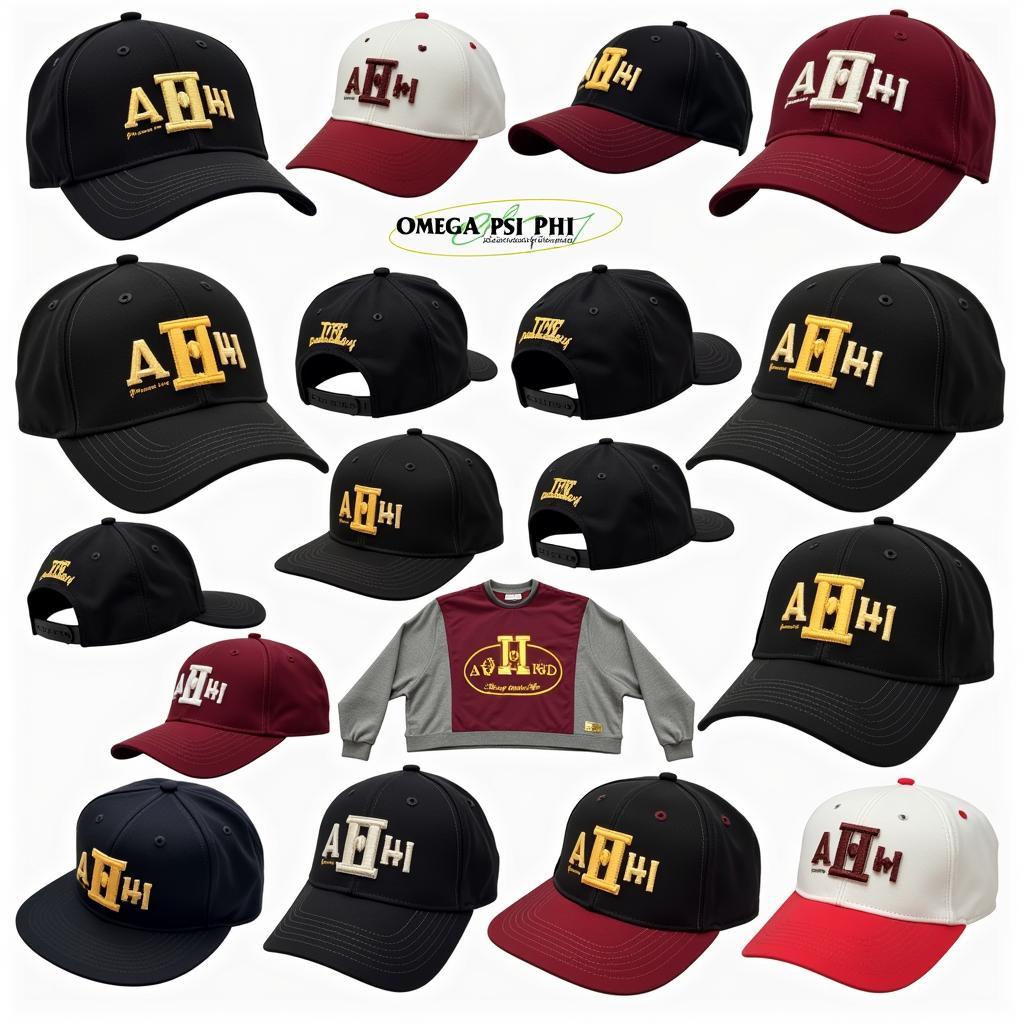 Different styles of Omega Psi Phi hats and caps