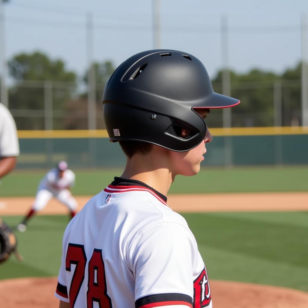 Batter wearing a one ear flap baseball helmet