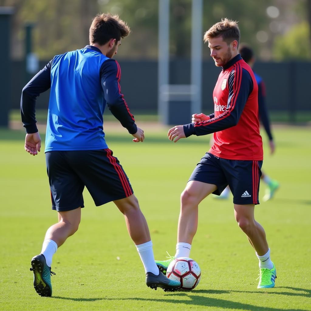 Two players practicing one-two passes