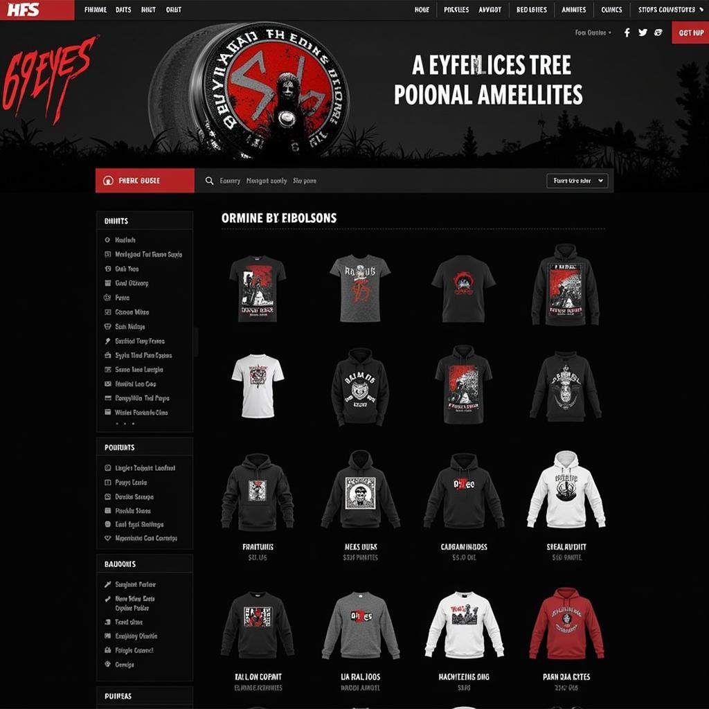 A screenshot of the official 69 Eyes online store homepage.