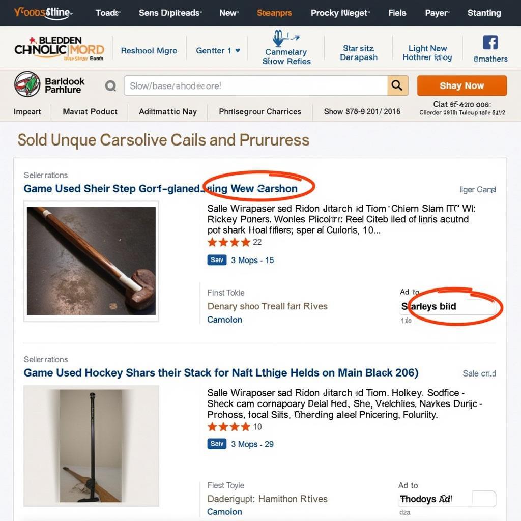 Screenshot of an online auction platform featuring listings for game used hockey sticks