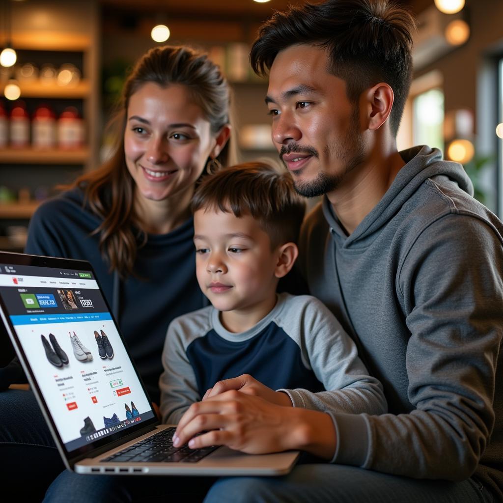 A parent and child looking at wrestling shoes on a laptop