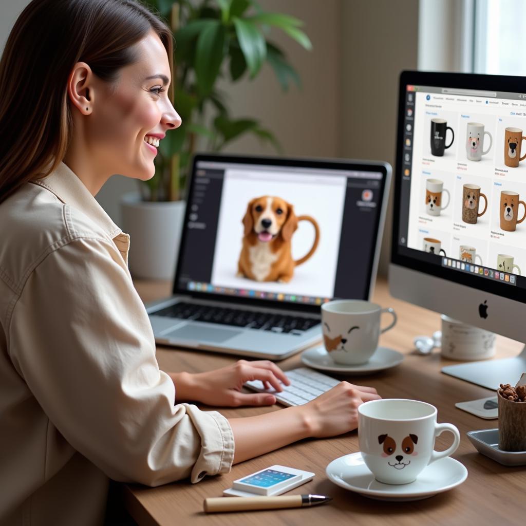 A person browsing ceramic mugs with dog designs on a laptop