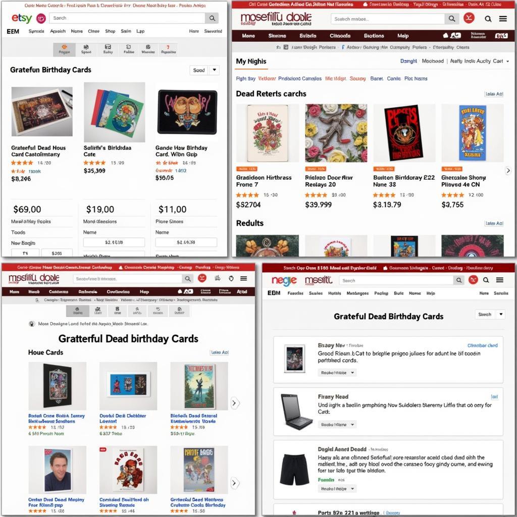 Online shops selling Grateful Dead birthday cards, showing Etsy, Redbubble, and official merchandise store websites