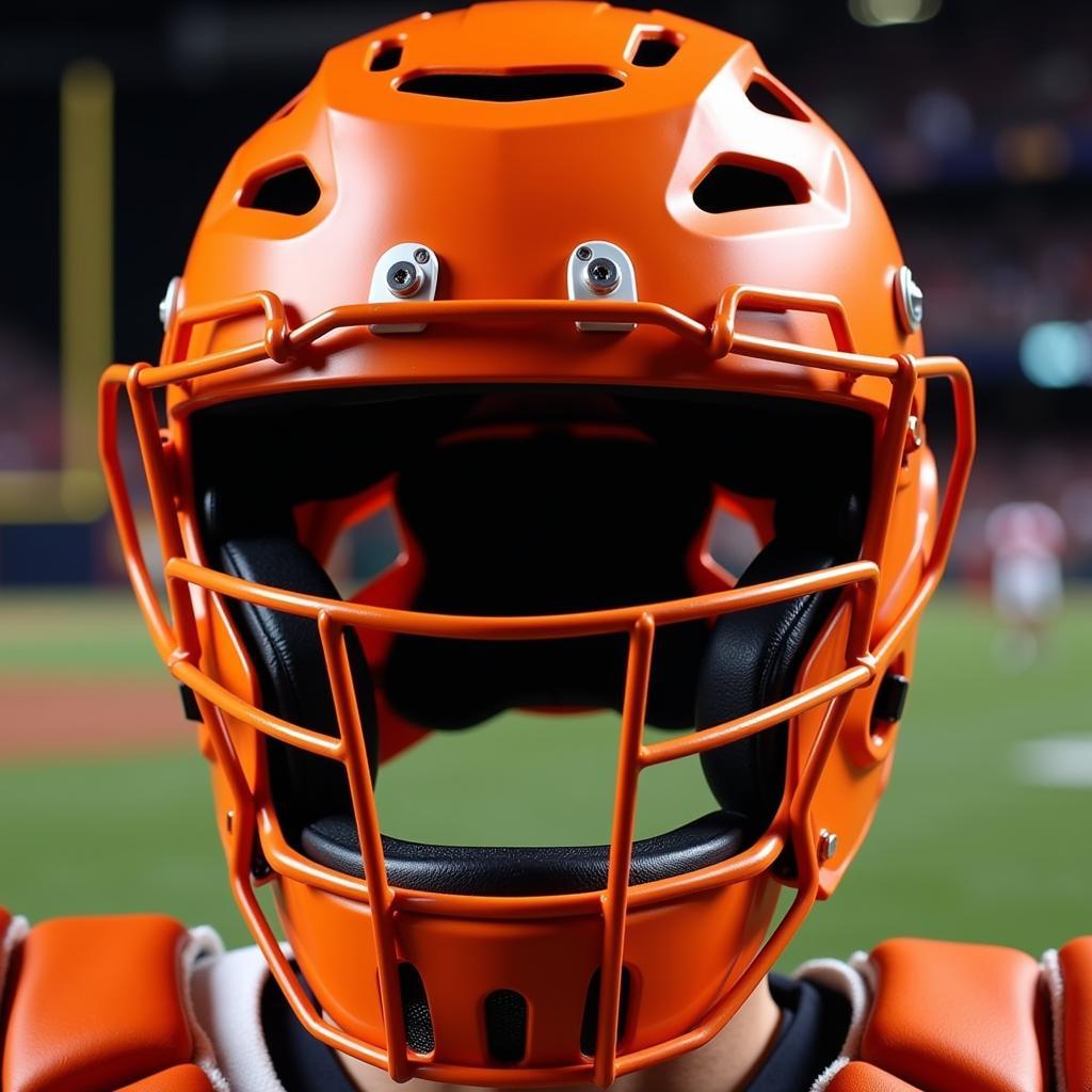 Close up of an orange catcher's helmet, highlighting safety features