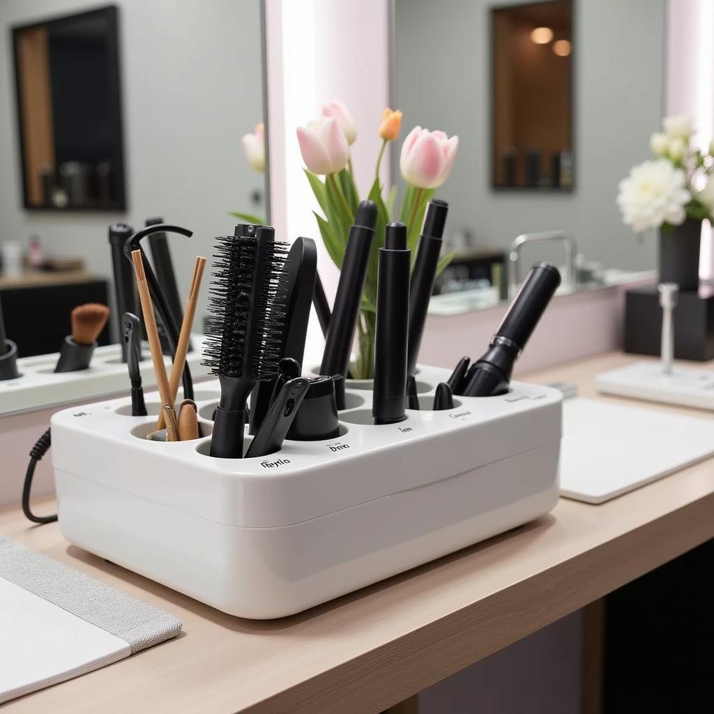 Organized salon station with a hot tools holder and labeled compartments