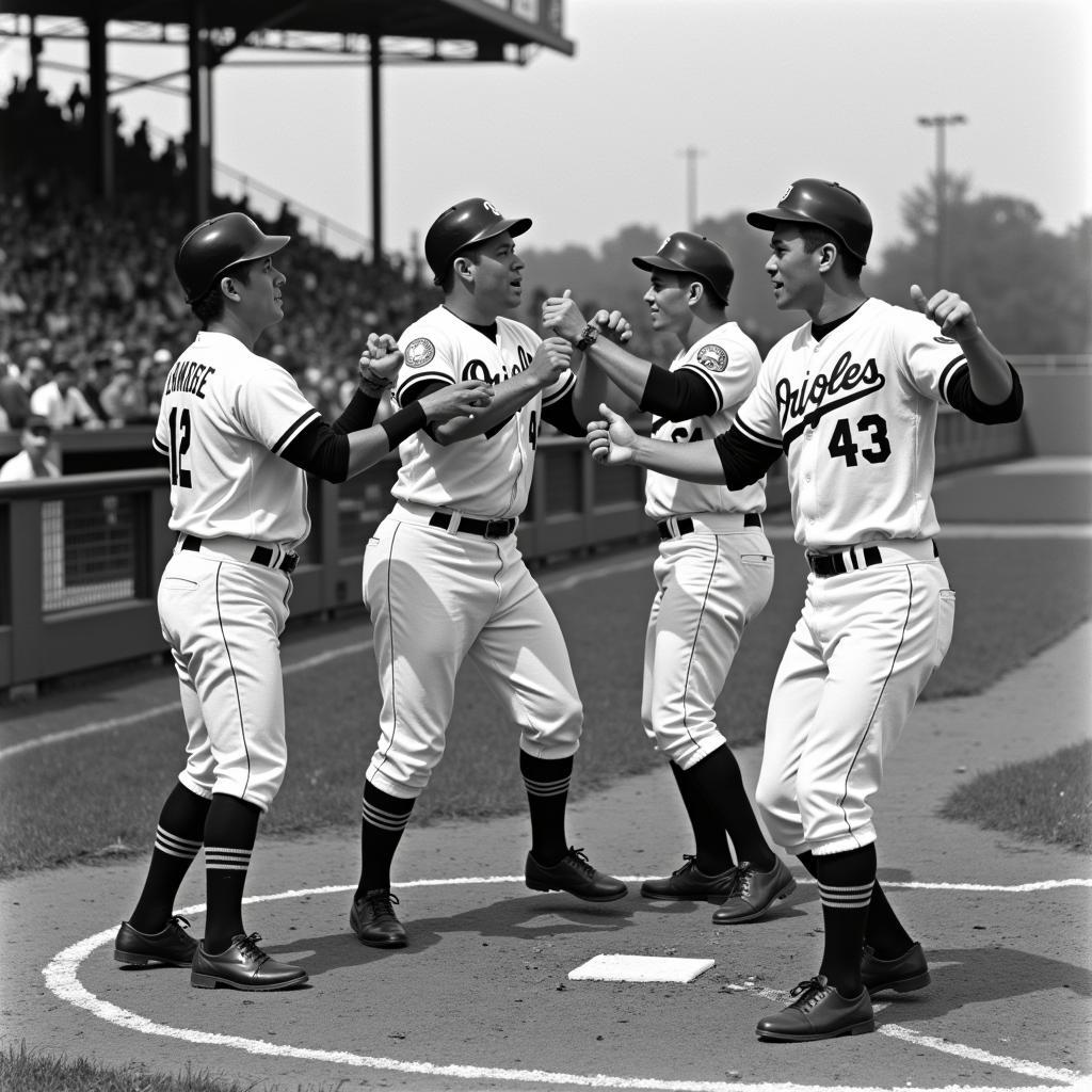 Orioles players celebrating a home run