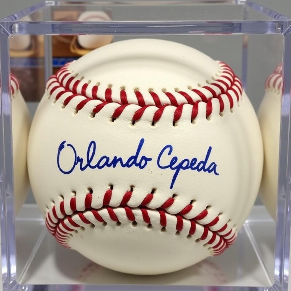 Orlando Cepeda autographed baseball in a display case