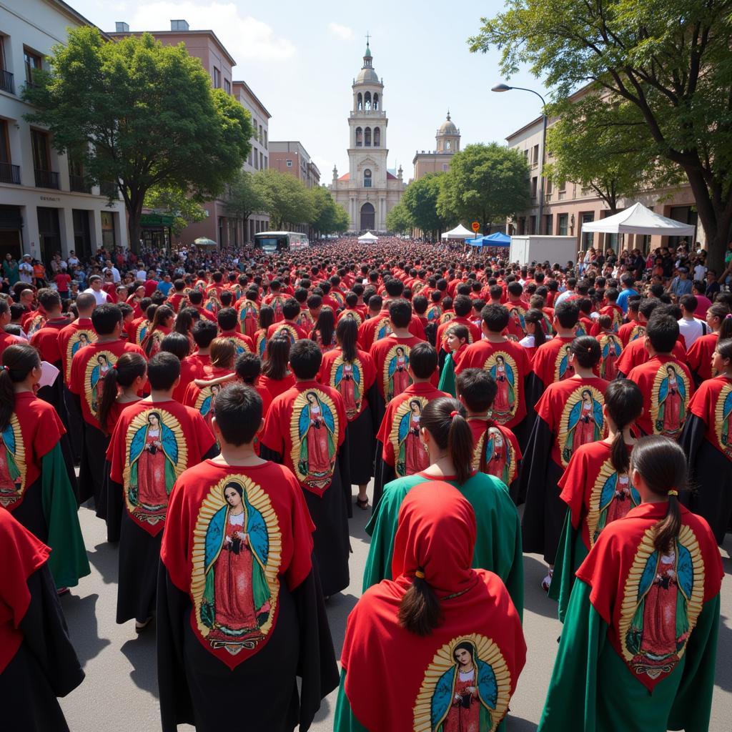 Religious Procession with Participants Wearing Our Lady of Guadalupe Images