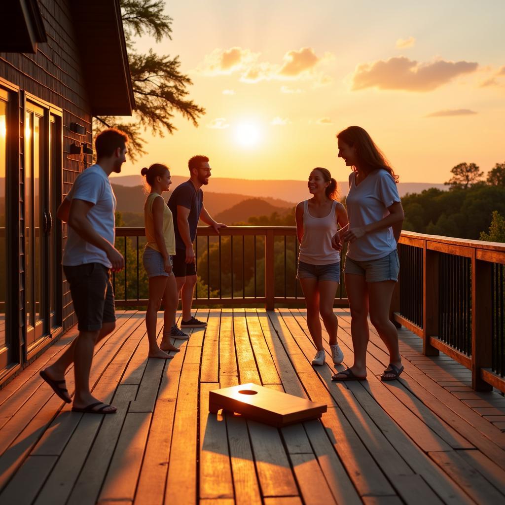 Family playing outdoor deck games on a wooden deck