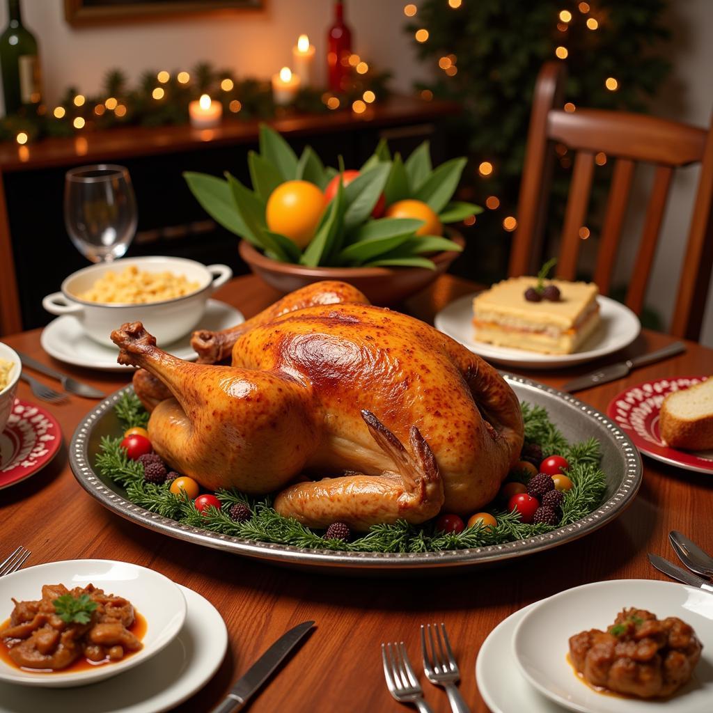 Oval metal turkey platter with a roasted turkey as the centerpiece