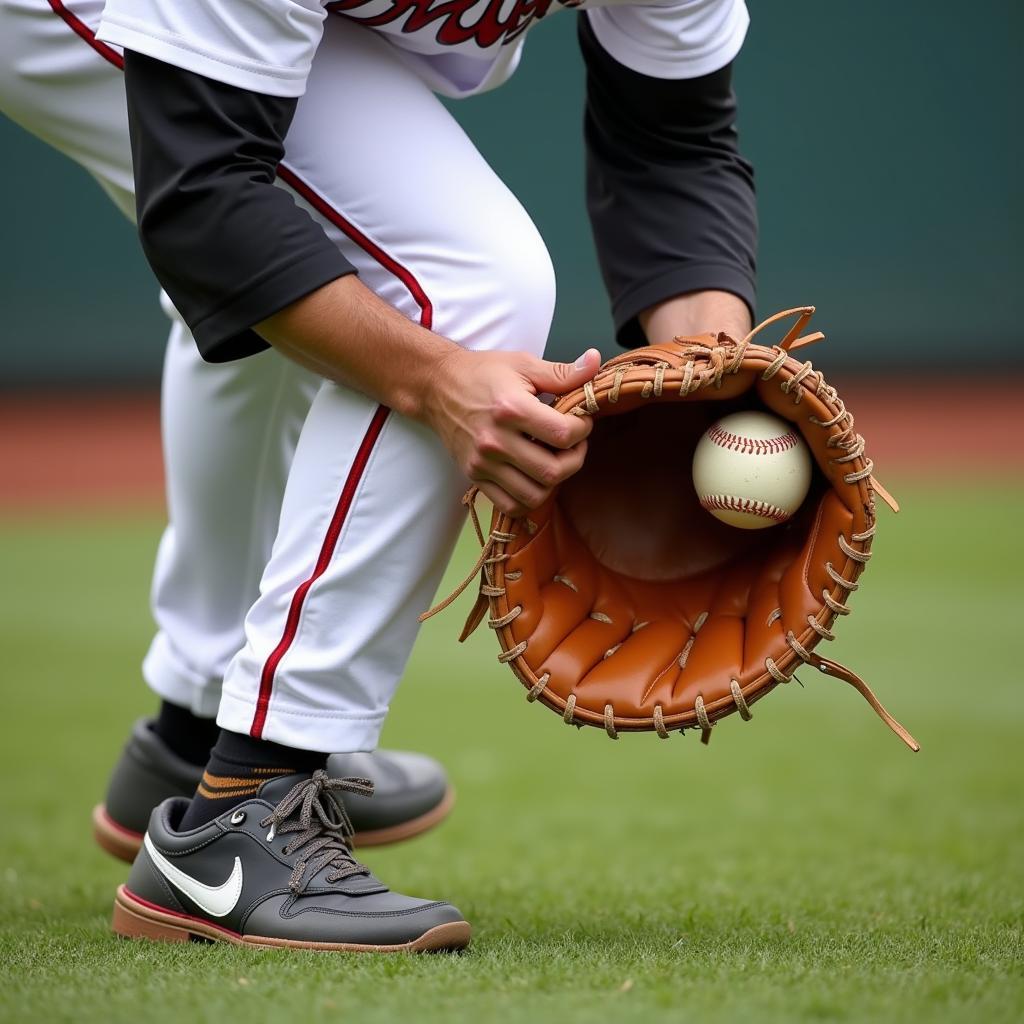 Baseball player catching a fly ball with an oversized mitt