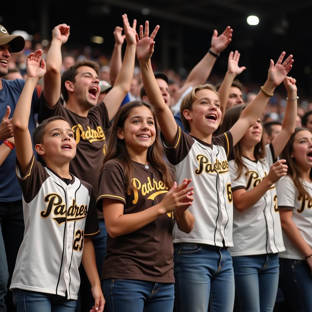 Padres fans wearing Cronenworth jerseys at a game.