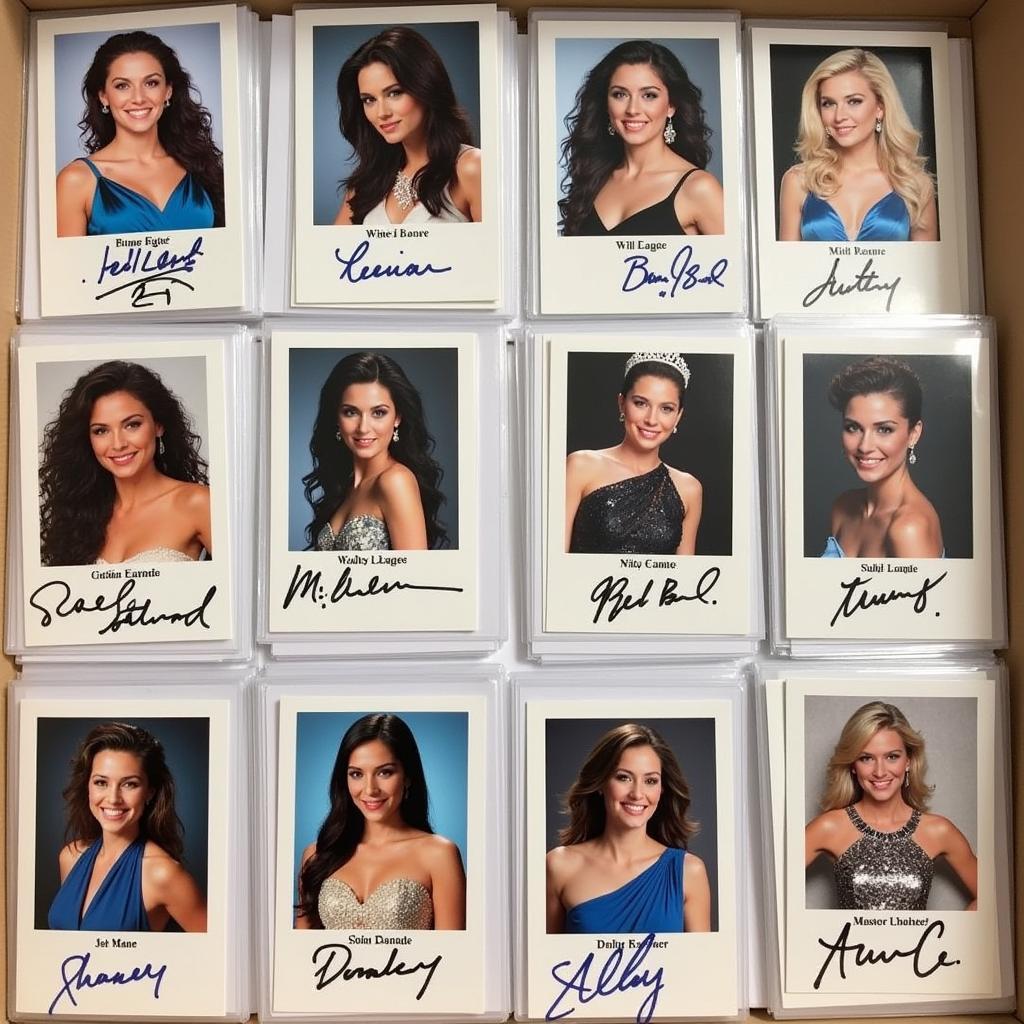 A collection of pageant autograph cards displayed in protective sleeves.