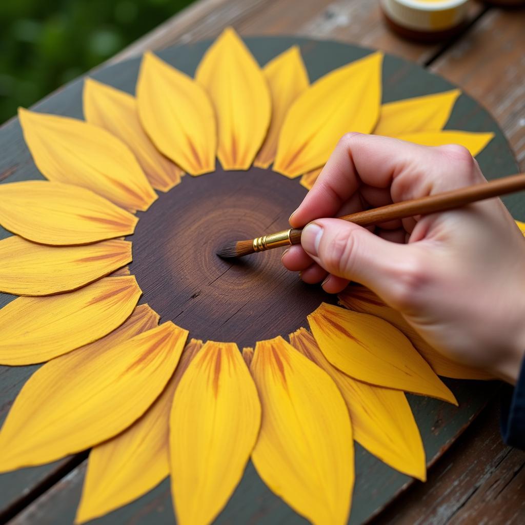 Painting Sunflower Petals on Wooden Sign