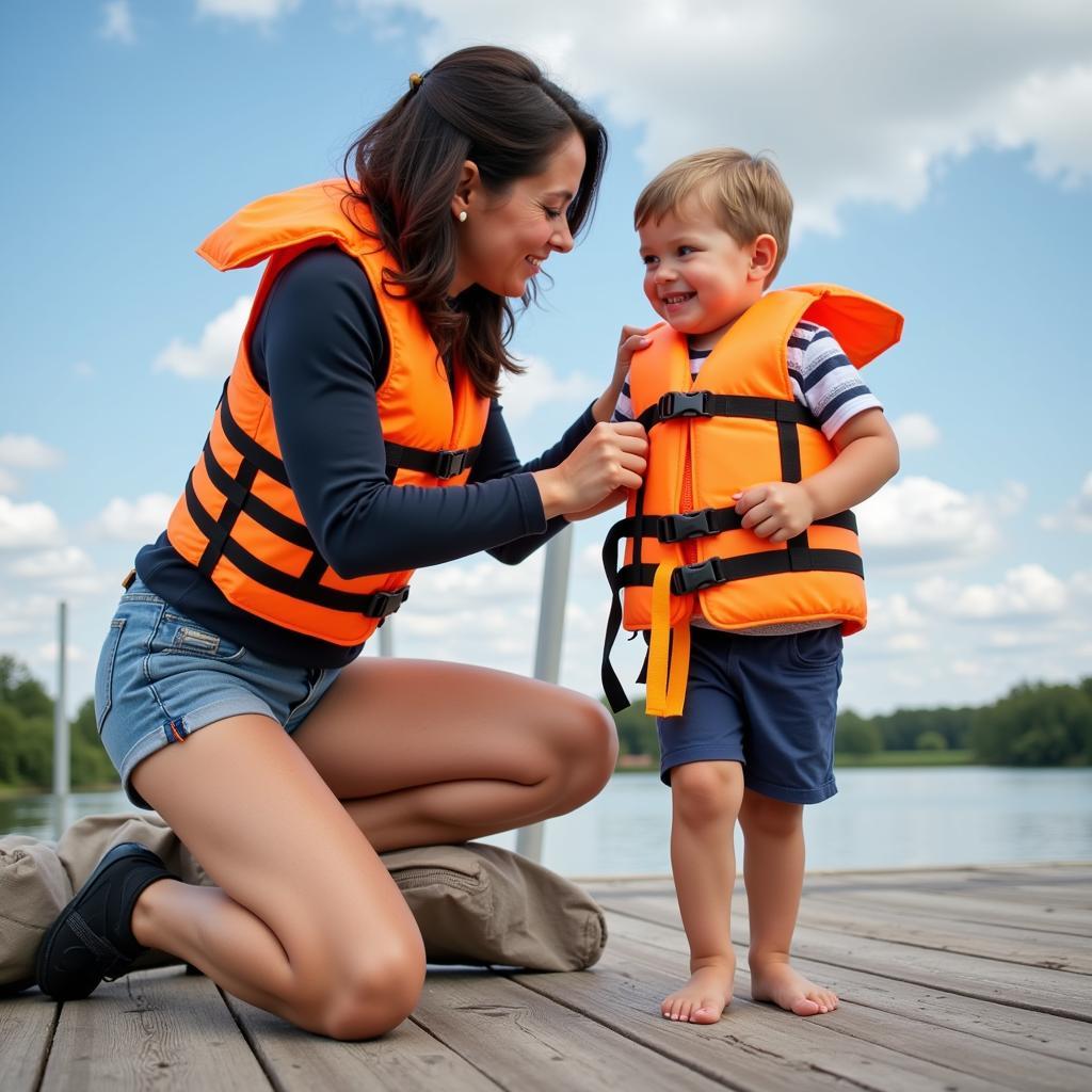 Parent adjusting a neon life jacket on their child