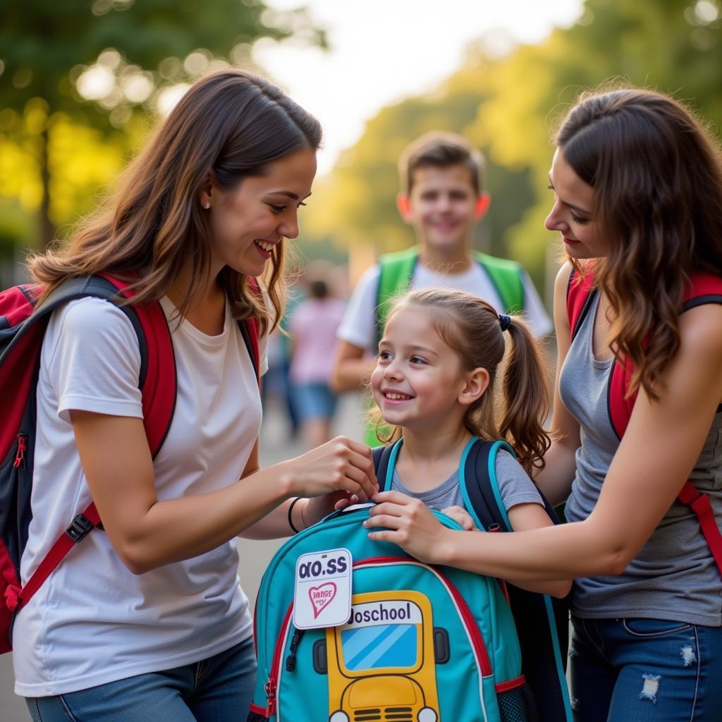 Parents attaching printable bus tags to their children's backpacks