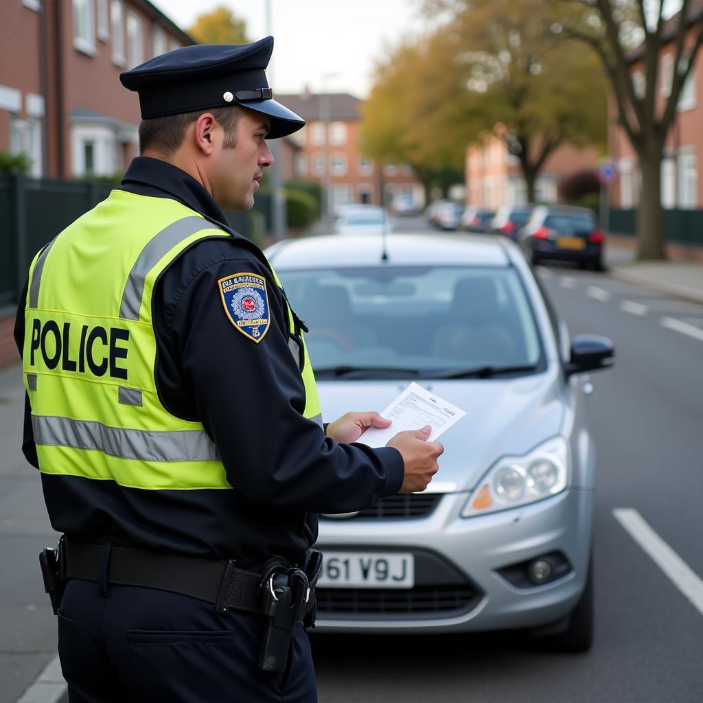 A parking enforcement officer issuing a ticket for a parking violation.