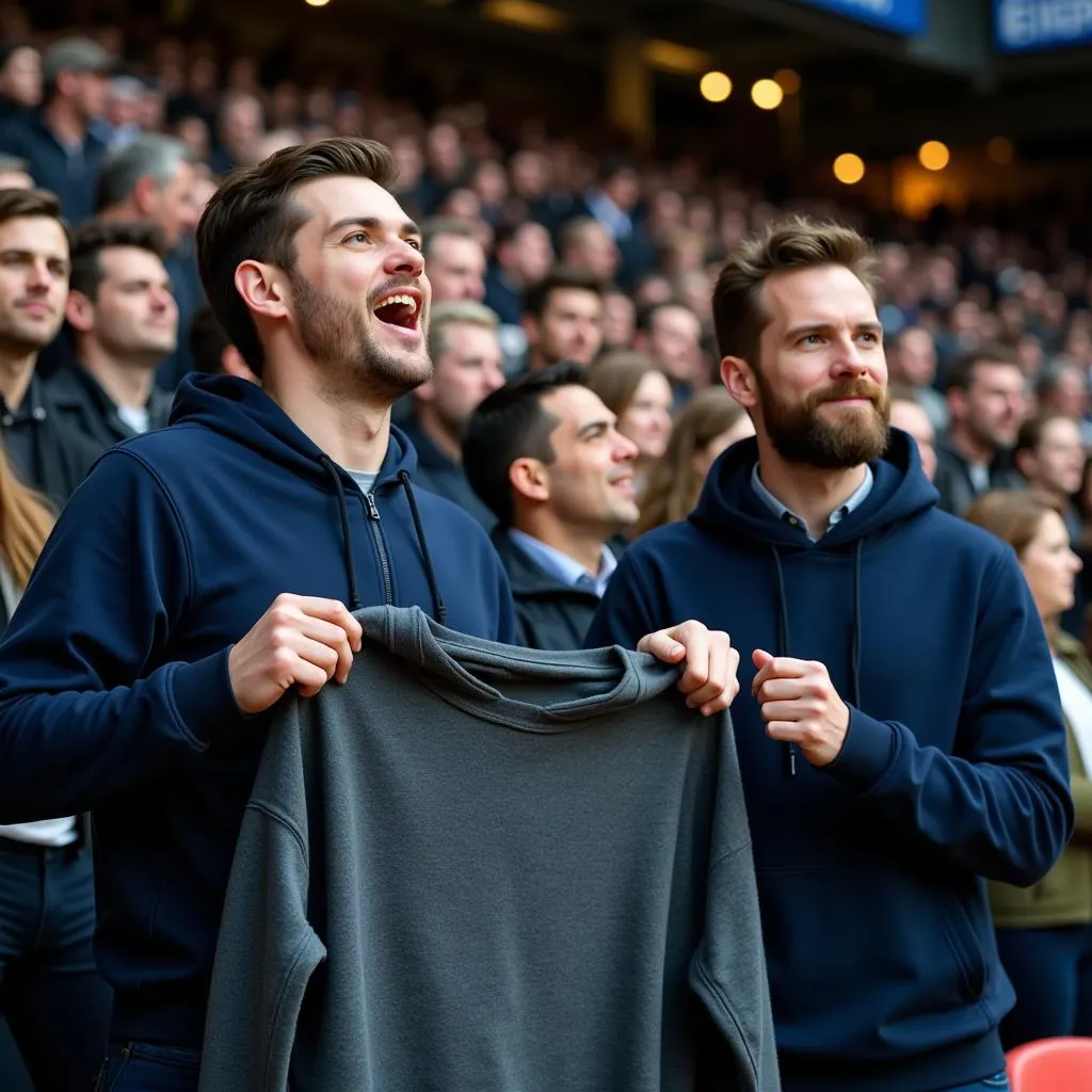 Fans passing a sweatshirt