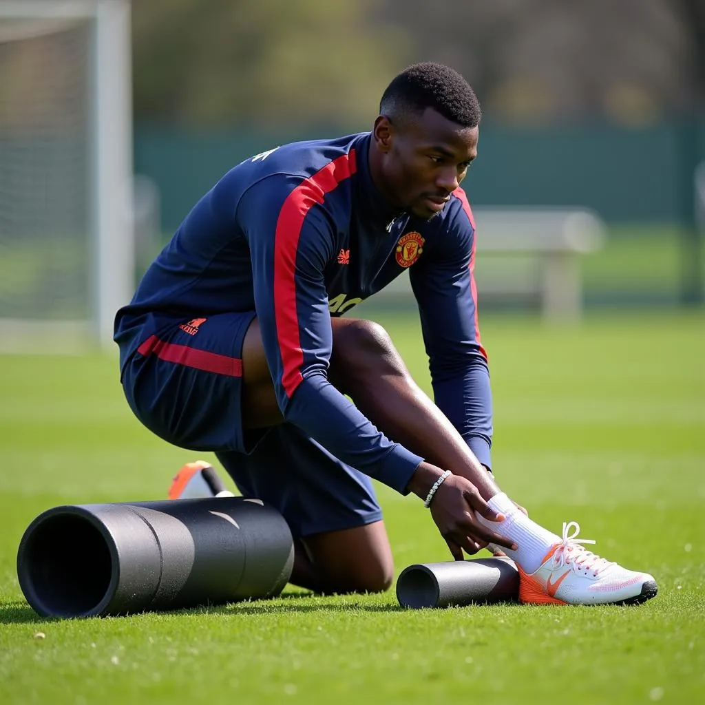 Paul Pogba using a foam roller for muscle recovery after a training session