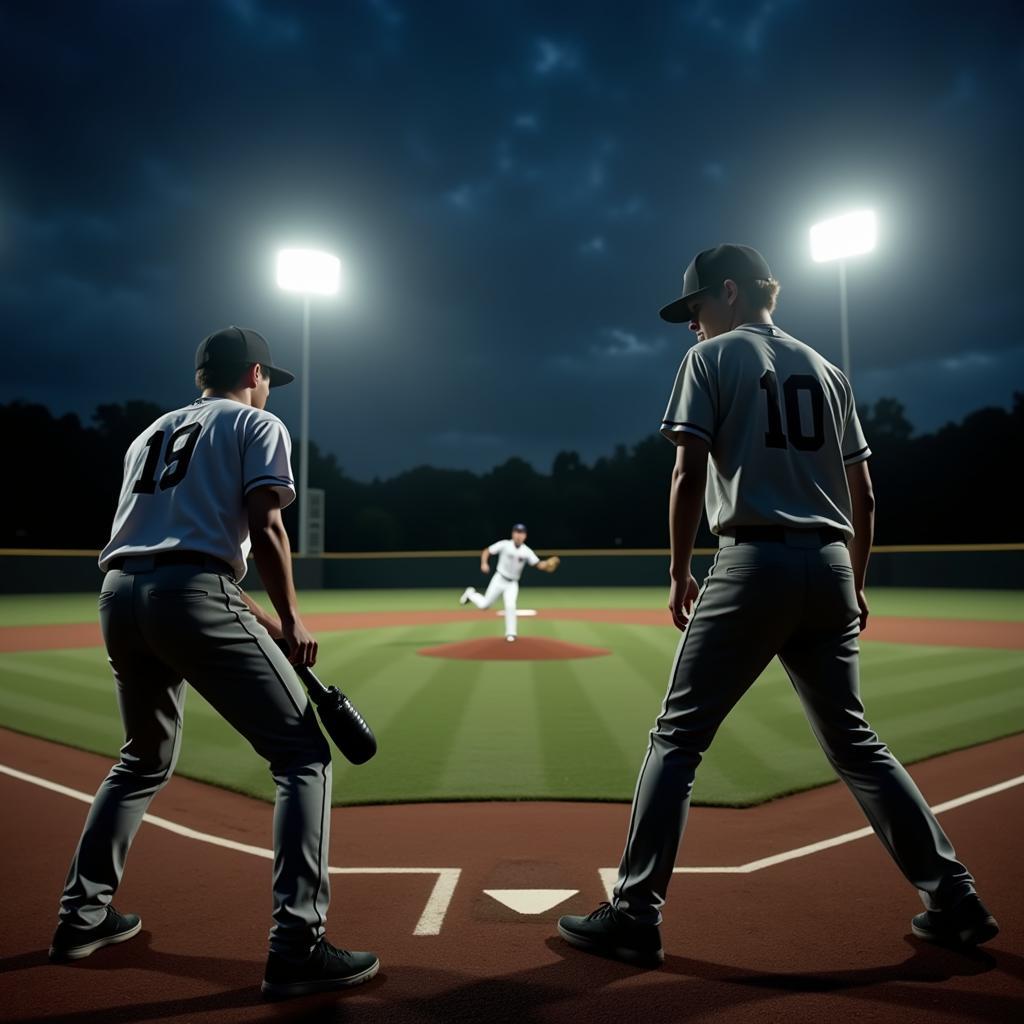 Baseball player at bat with a pitcher on the mound